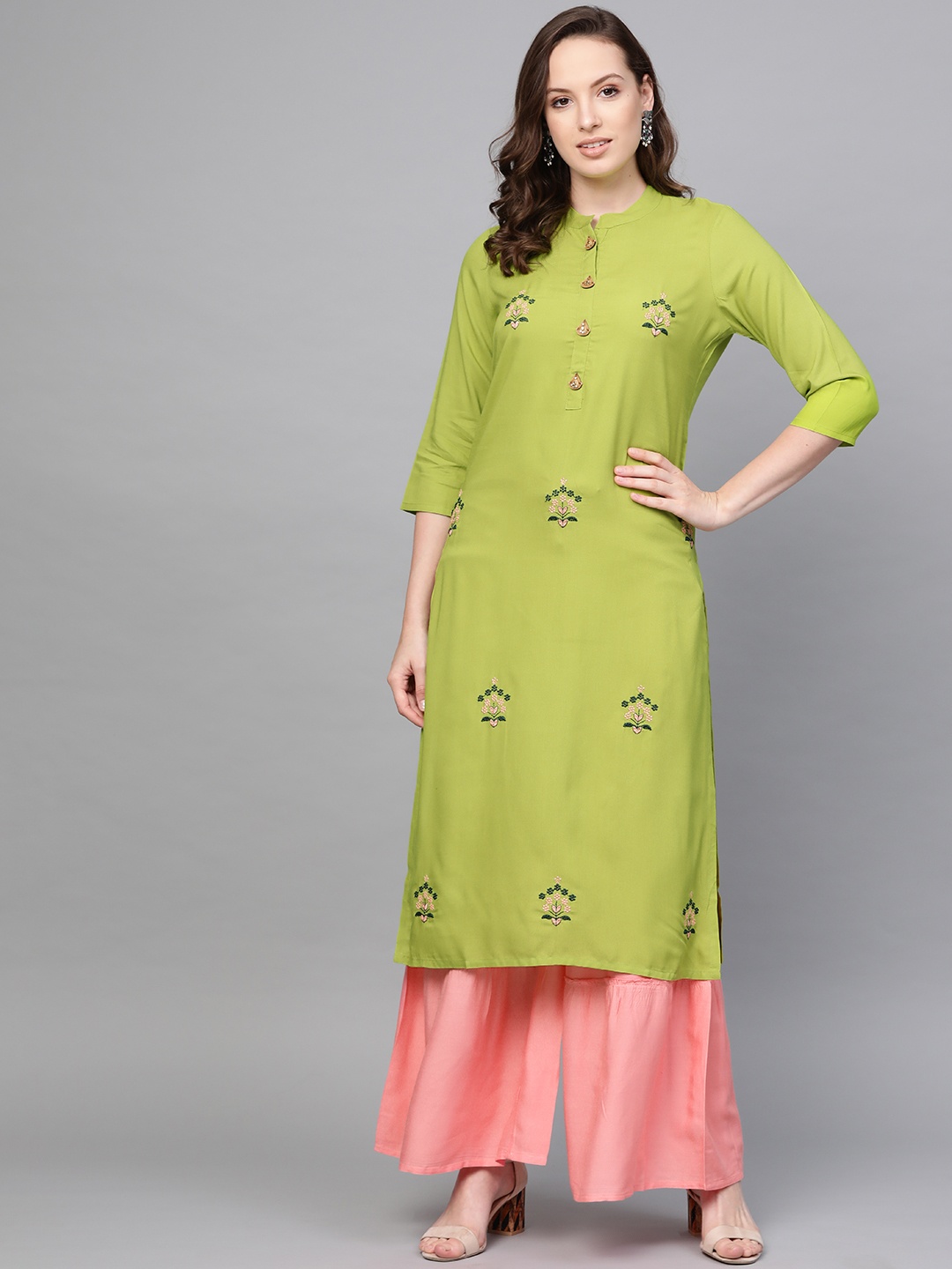 

ANAISA Women Green & Pink Embroidered Kurta with Sharara