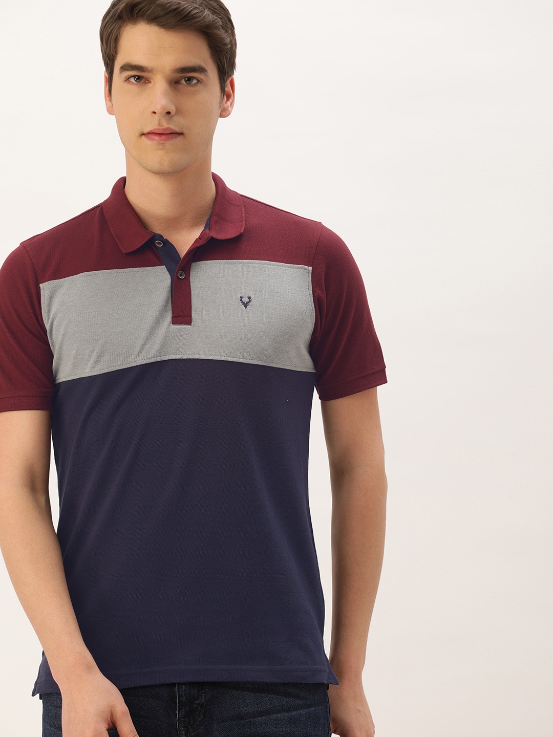 

Allen Solly Men Maroon & Navyblue Colourblocked Polo Collar T-shirt