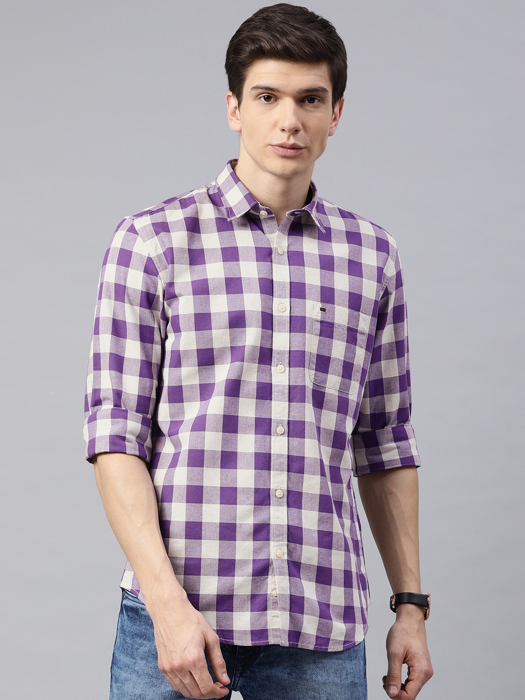 

Peter England Casuals Men Purple & White Slim Fit Checked Casual Shirt
