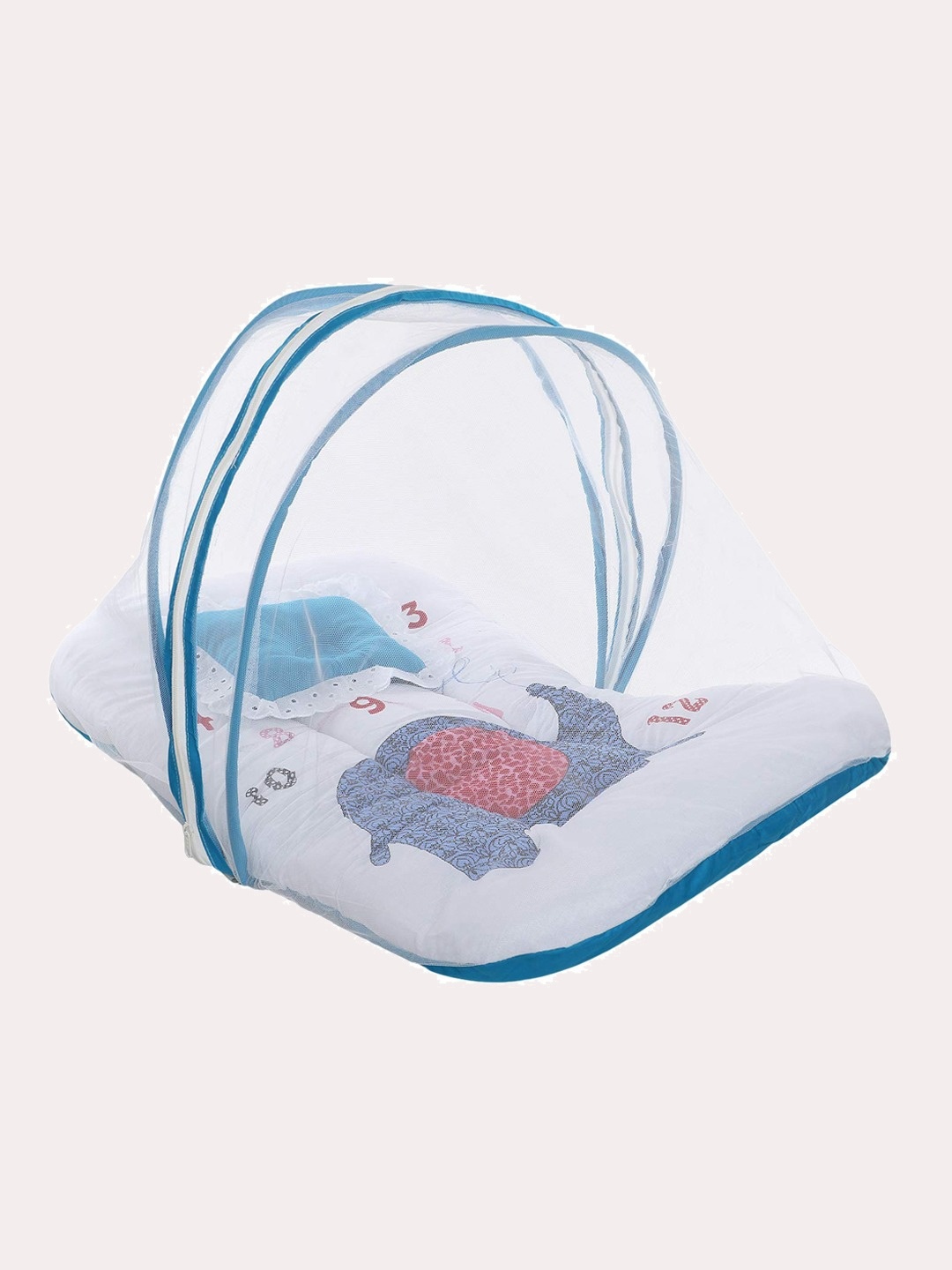 

Superminis Infant Blue & White Printed Cotton Bedding Set with Mosquito Net