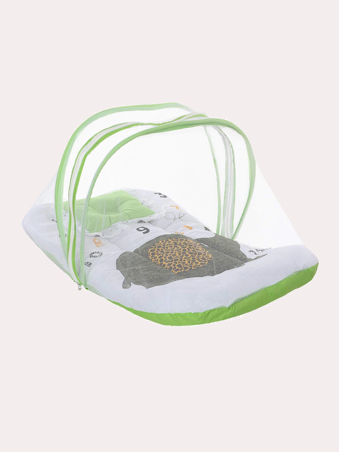 

Superminis Infant Green & White Printed Cotton Bedding Set with Mosquito Net