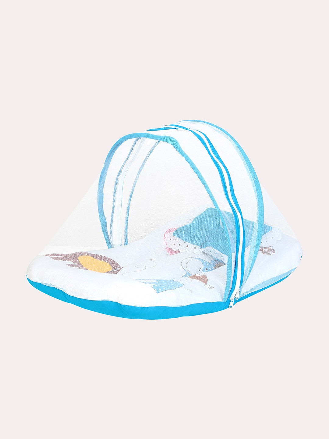 

Superminis Infant Turquoise Blue & White Printed Cotton Bedding Set with Mosquito Net