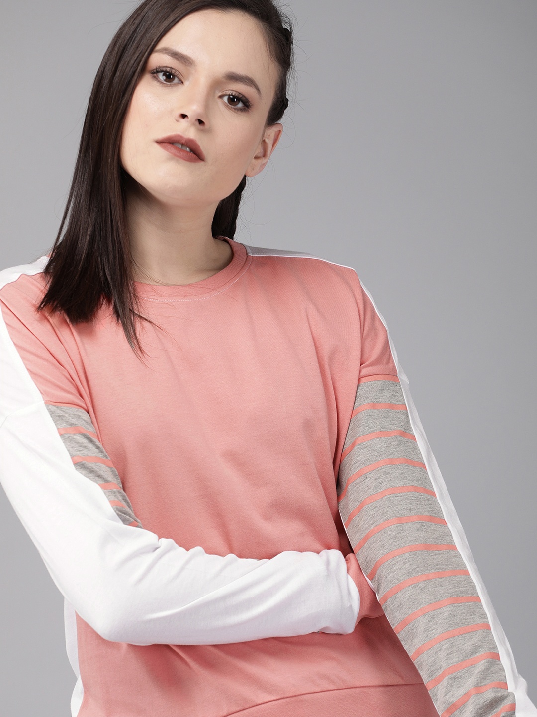 

The Roadster Lifestyle Co Women Pink White Solid Round Neck Pure Cotton T-shirt With Striped Sleeves