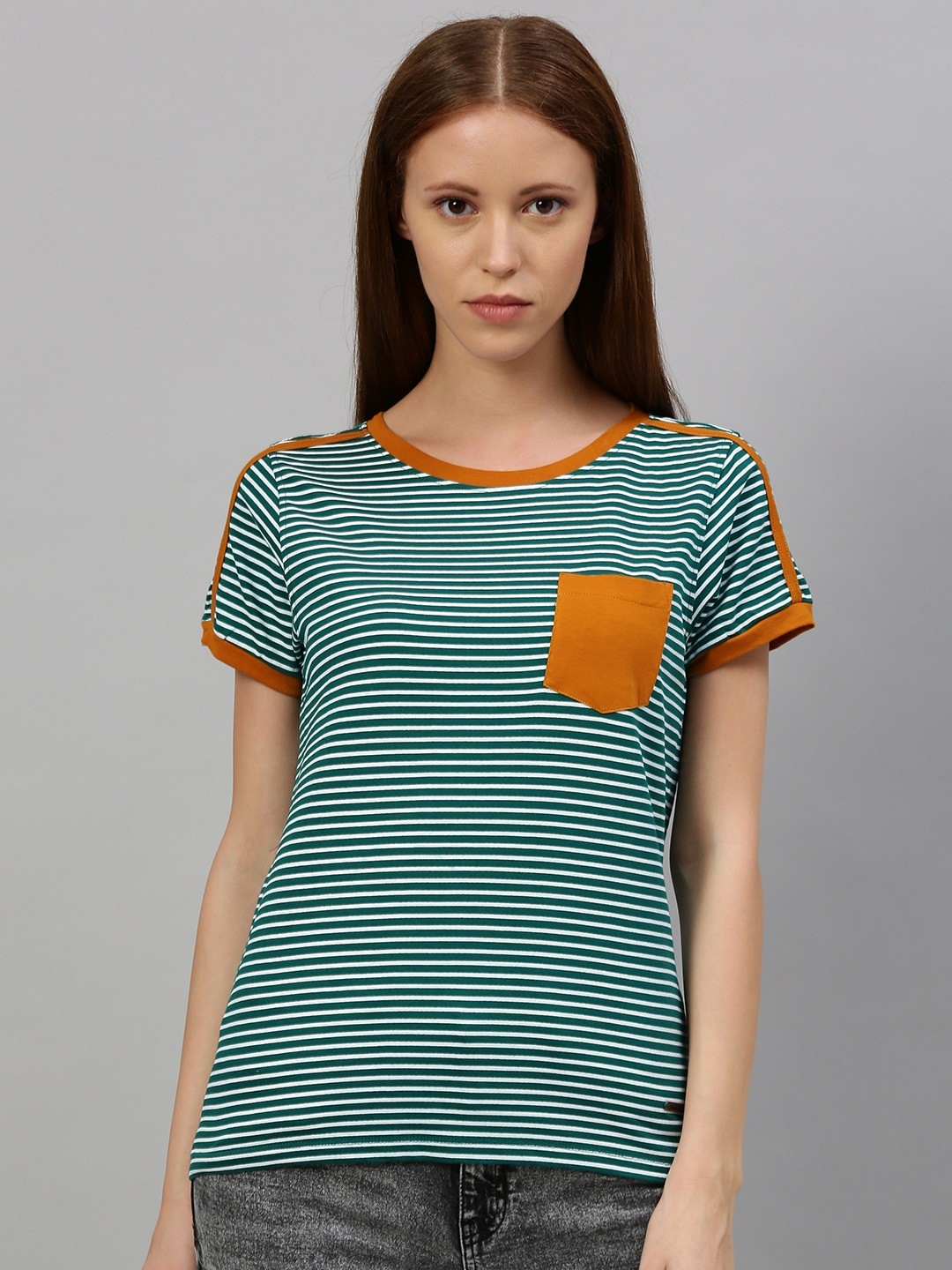 

The Roadster Lifestyle Co Women Green & White Striped Pure Cotton Top with Pocket