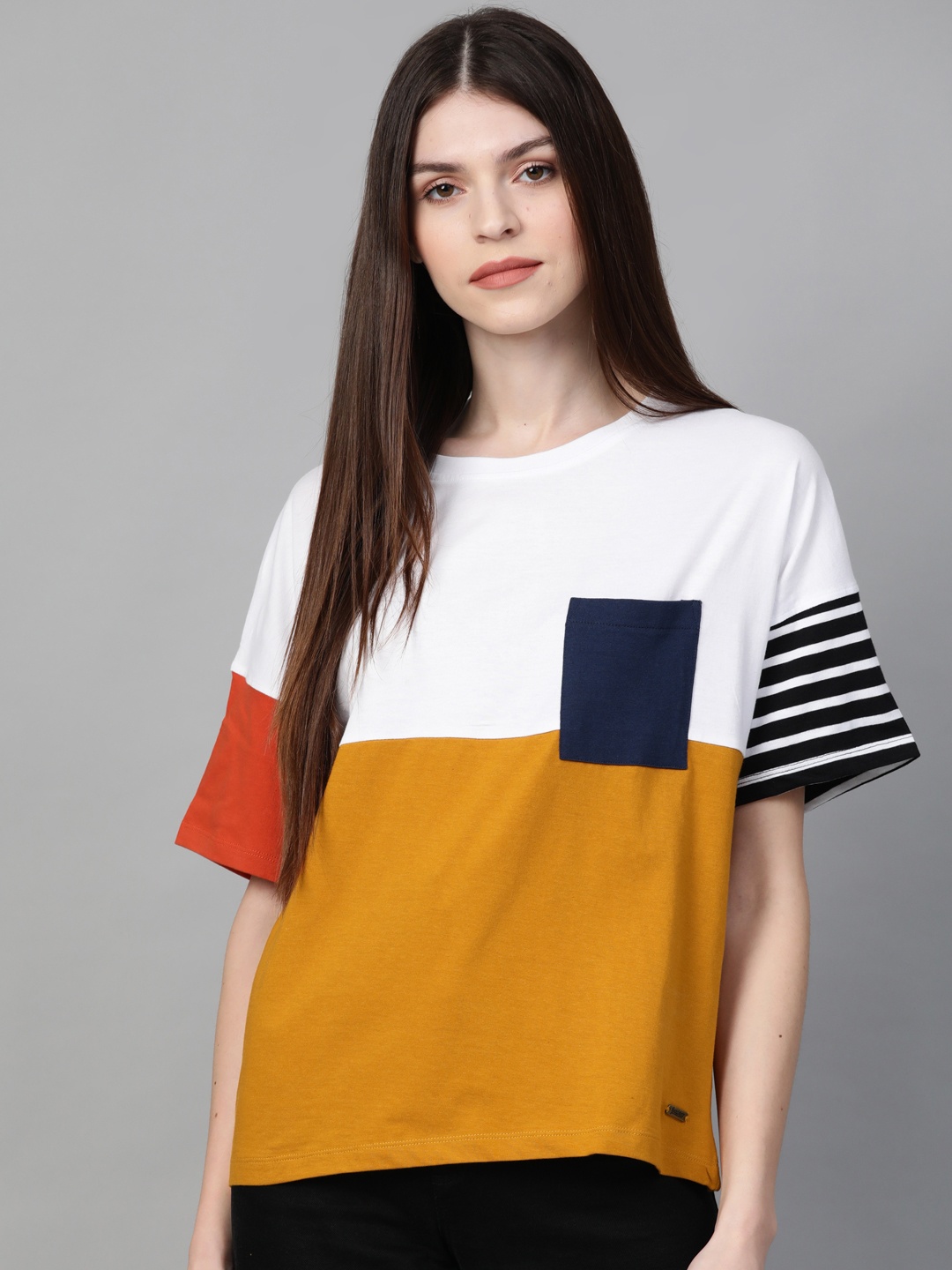 

The Roadster Lifestyle Co Women White & Mustard Yellow Colourblocked Cotton Yarn Dyed T-shirt