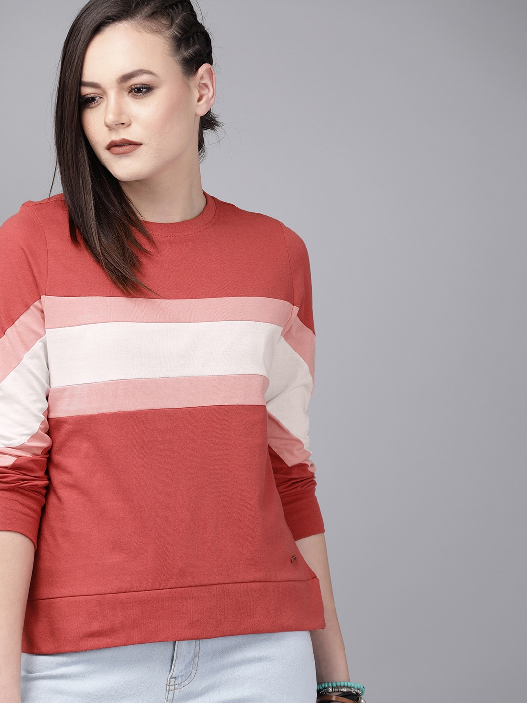 

Roadster Women Coral Red White Colourblocked Round Neck Pure Cotton T-shirt