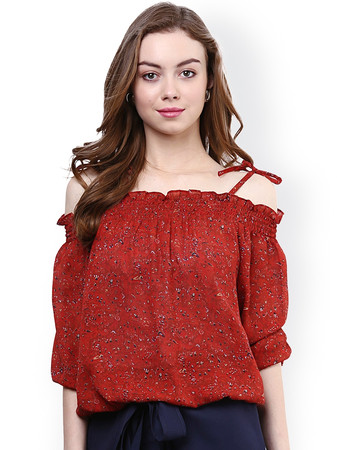 

RARE Rust Red Lightweight Printed Off-Shoulder Blouson Top with Smocking