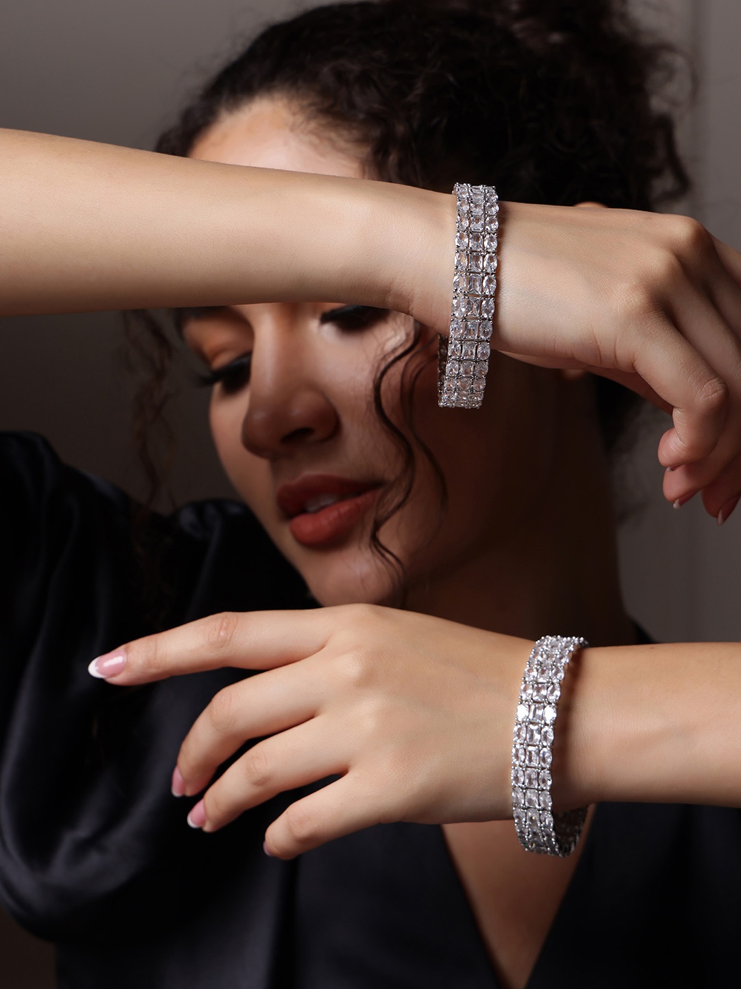 

PANASH Set of 2 White AD Stone-Studded Rhodium-Plated Handcrafted Bangles, Silver