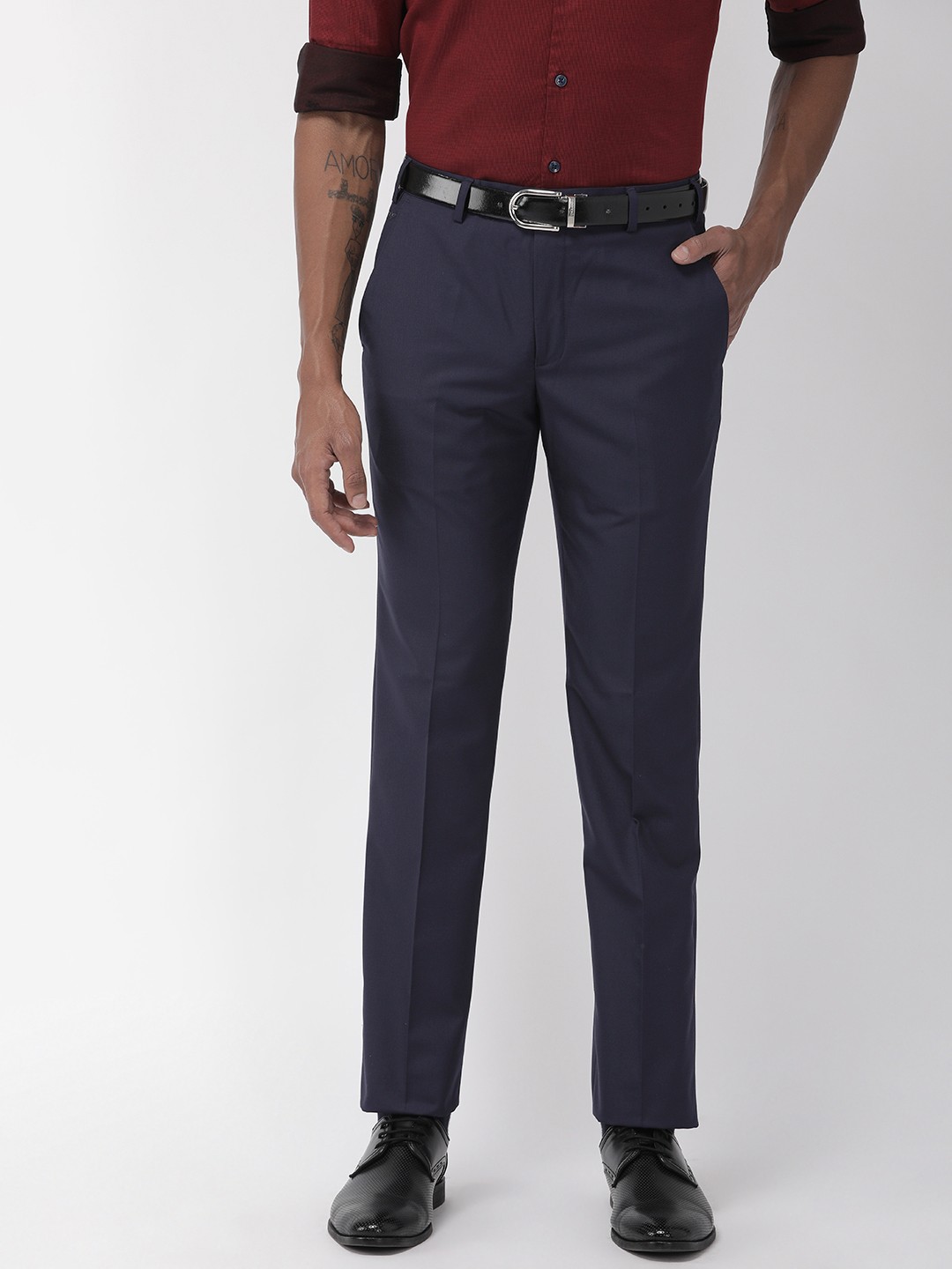 

Park Avenue Men Navy Blue Super Slim Fit Solid Regular Trousers