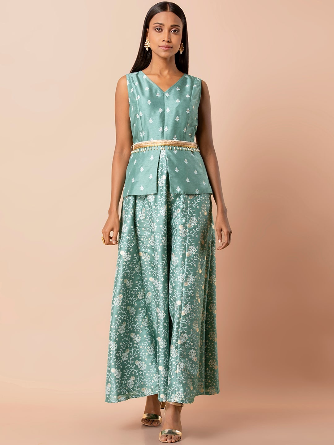 

INDYA Jade Belted Peplum Layered Kurta, Green