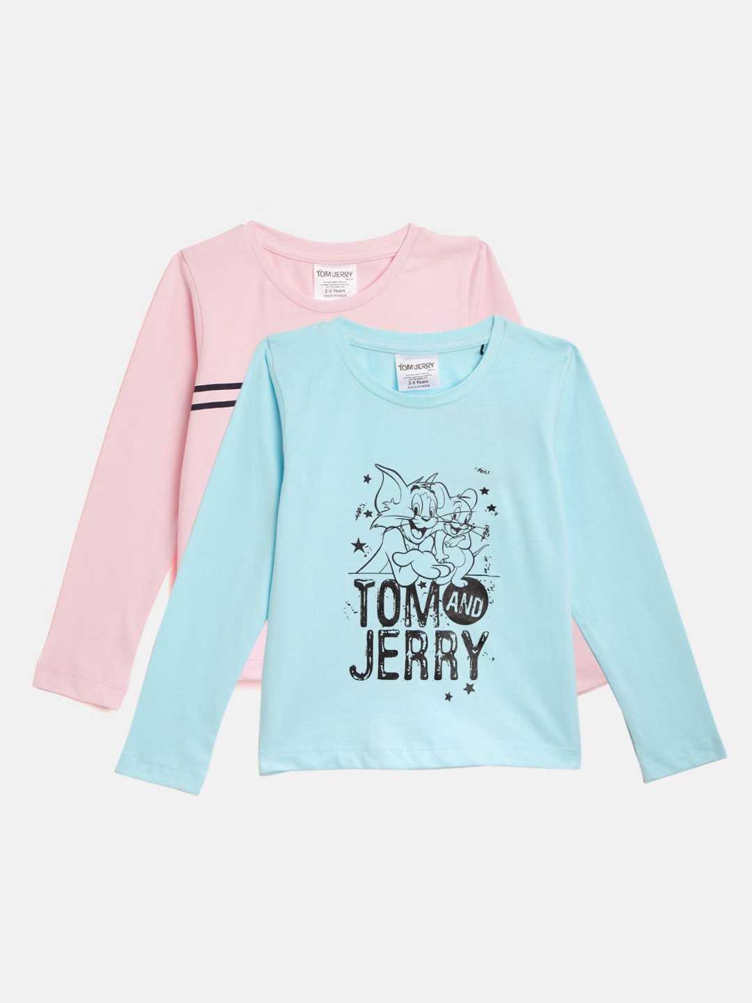 

toothless Girls Pack Of 2 Blue & Pink Tom & Jerry Printed Pure Cotton T-shirts