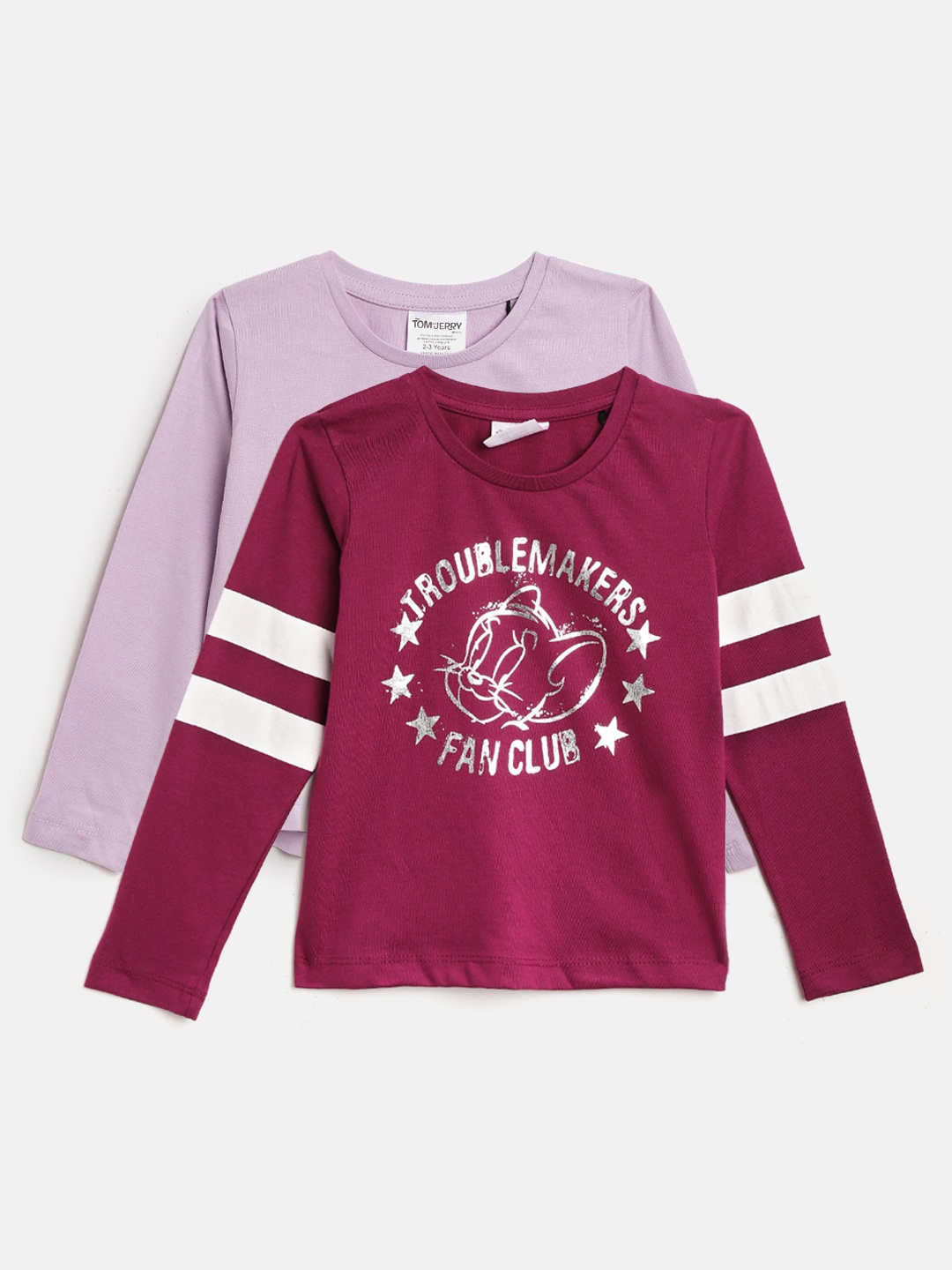 

toothless Girls Lavender & Burgundy Pack of 2 Tom & Jerry Printed Pure Cotton T-shirt