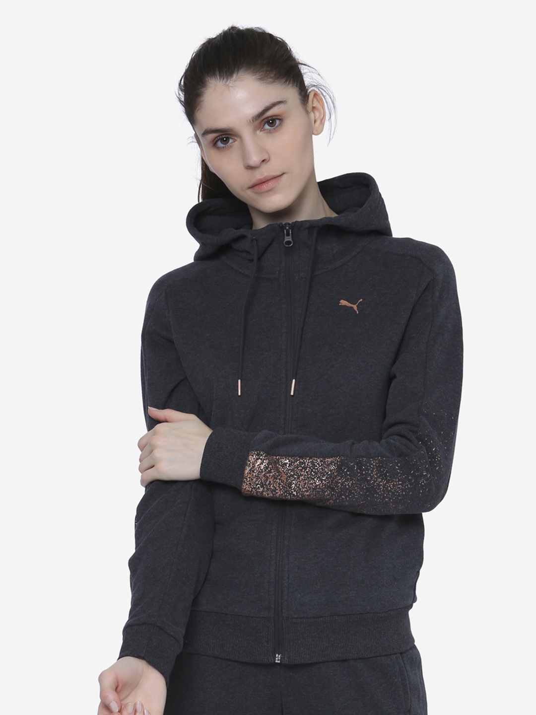 

Puma Women Charcoal Grey & Pink Printed Hooded Sweatshirt