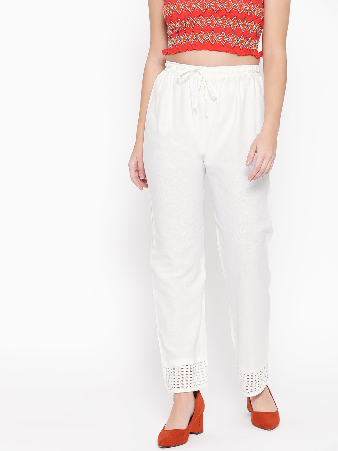 

Vastraa Fusion Women White Solid Straight Ethnic Pure Cotton Palazzo