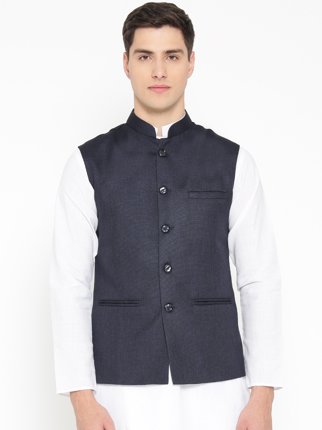 

Badoliya & Sons Men Navy Blue Solid Nehru Jacket