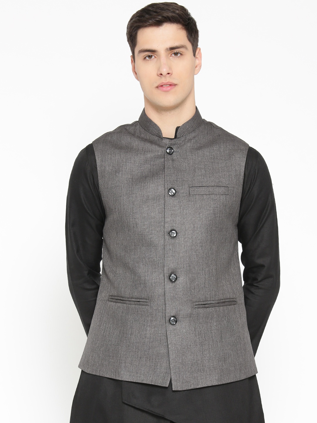 

Badoliya & Sons Men Charcoal Grey Solid Nehru Jacket