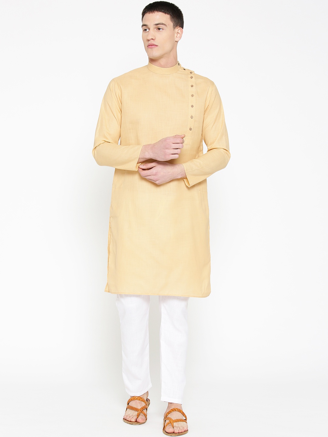 

Badoliya & Sons Men Beige & White Solid Angrakha Kurta with Pyjamas