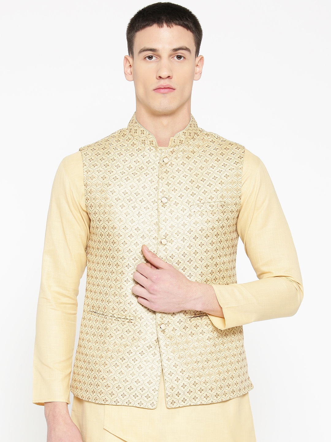 

Badoliya & Sons Men Cream-Coloured & Brown Zari Woven Design Nehru Jacket