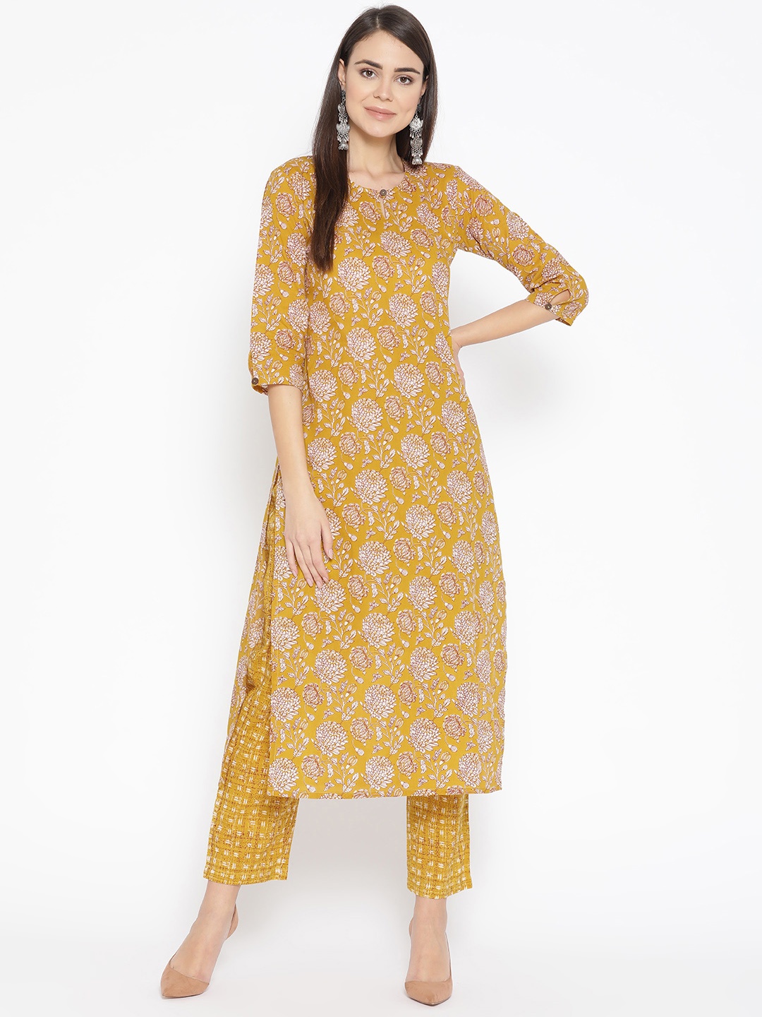 

Sringam Women Mustard Yellow & Off-White Printed Kurta with Trousers