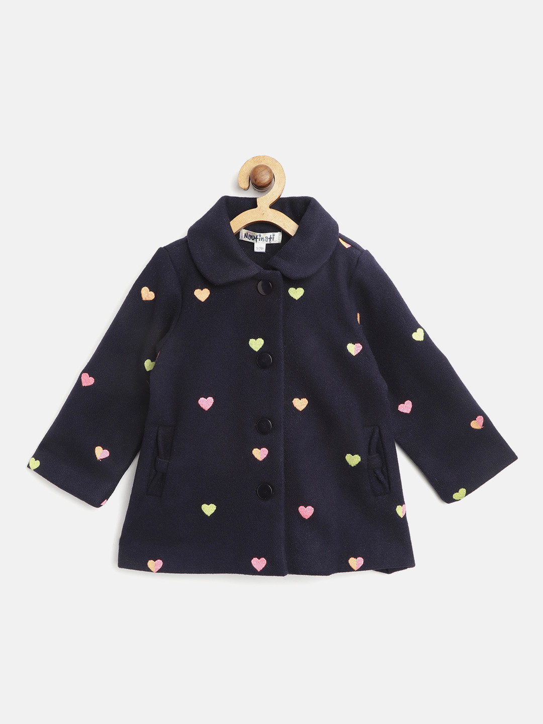 

Nauti Nati Girls Navy Blue & Pink Embroidered Longline Pea Coat