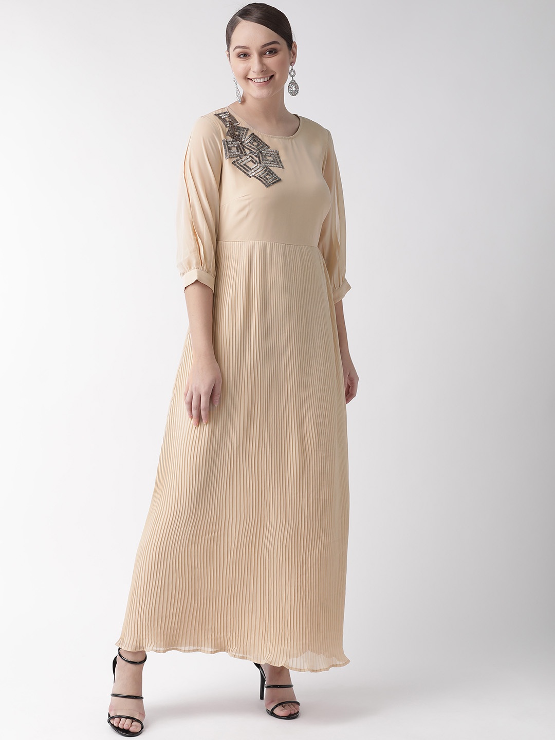 MISH Women Beige Embellished Detail Accordion Pleat Maxi Dress