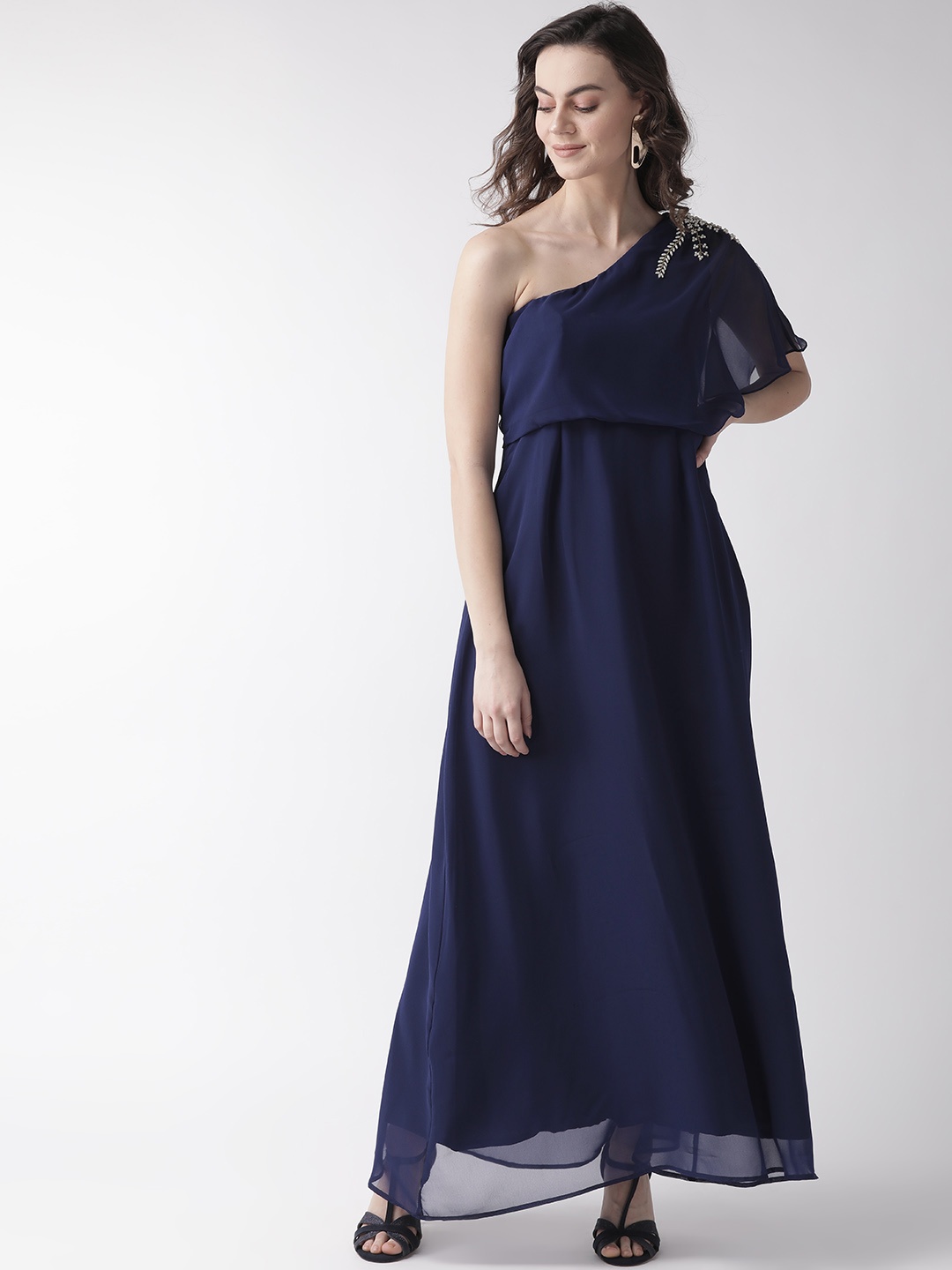 

MISH Women Navy Blue Solid One Shoulder Maxi Dress