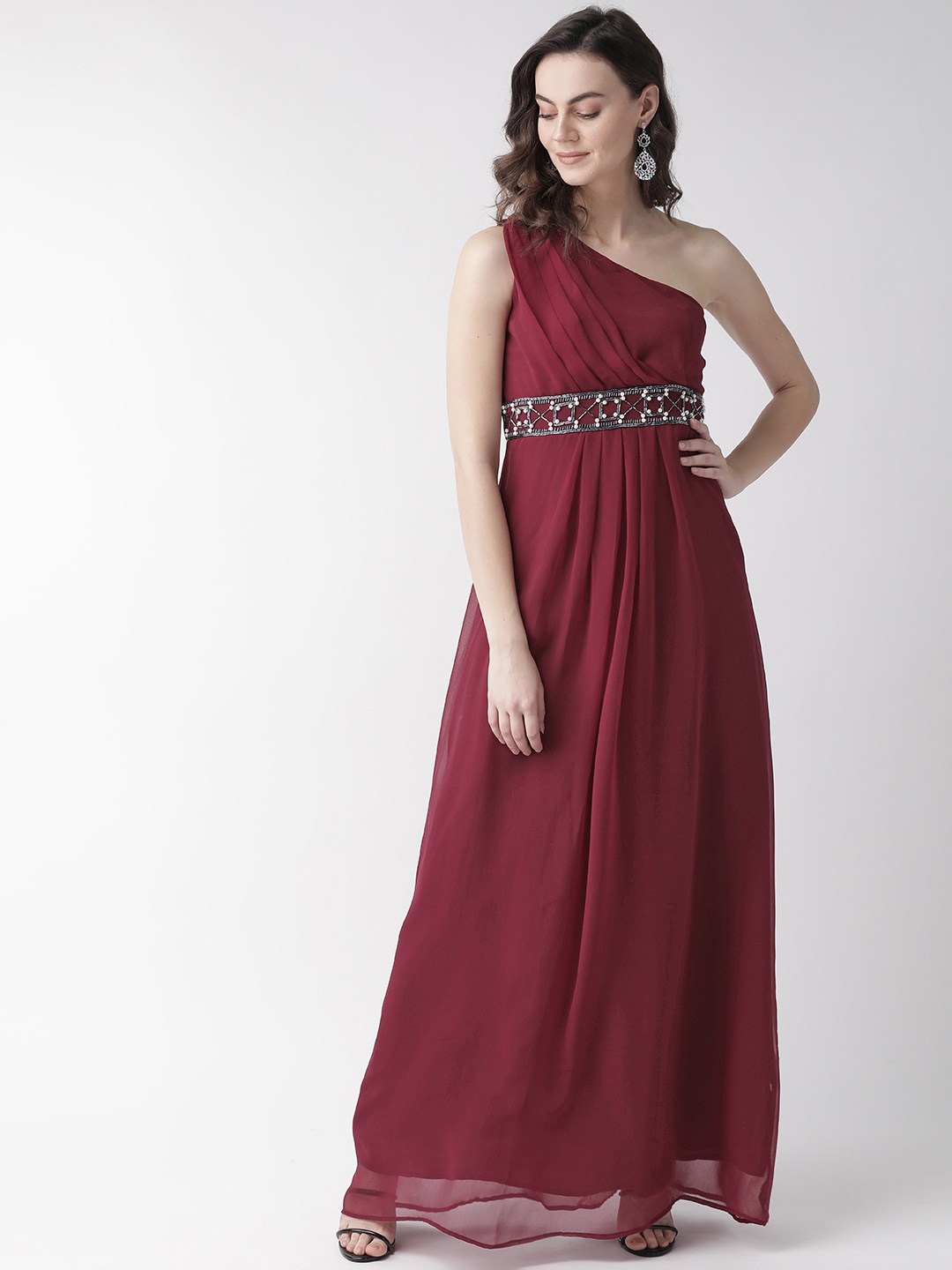 

MISH Women Maroon Solid One Shoulder Maxi Dress