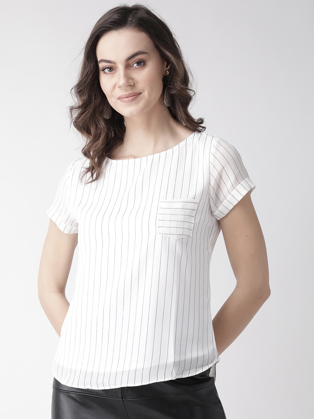 

MISH Women White & Black Striped Top