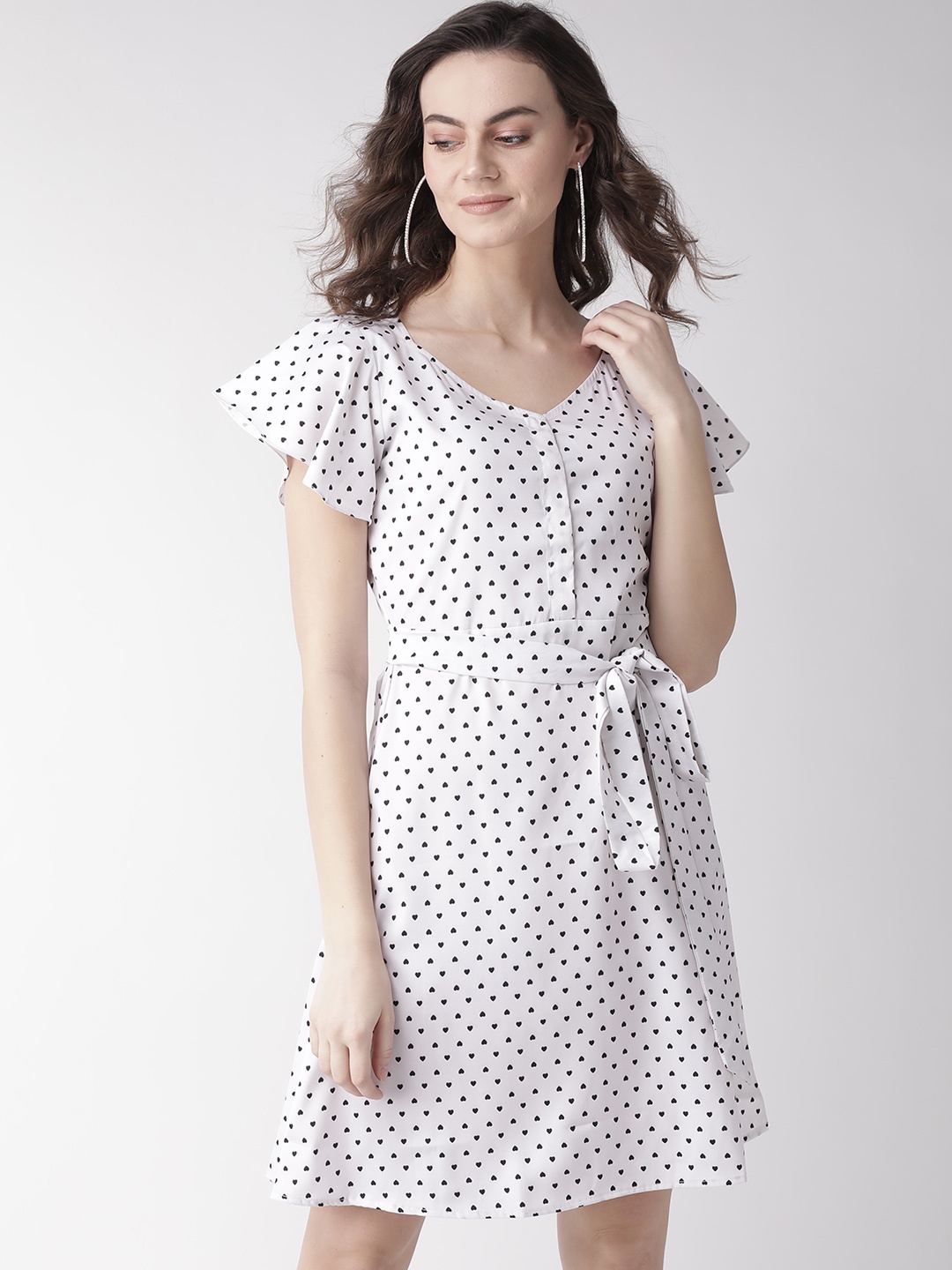 

MISH Women White & Black Heart Print A-Line Dress With Belt