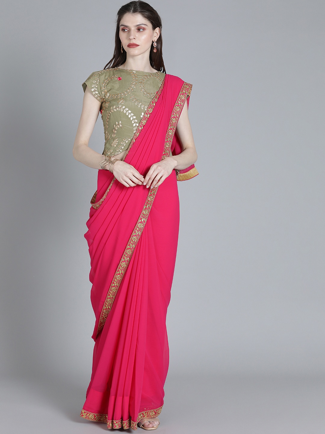 

Ethnovog Pink Solid Poly Georgette Saree