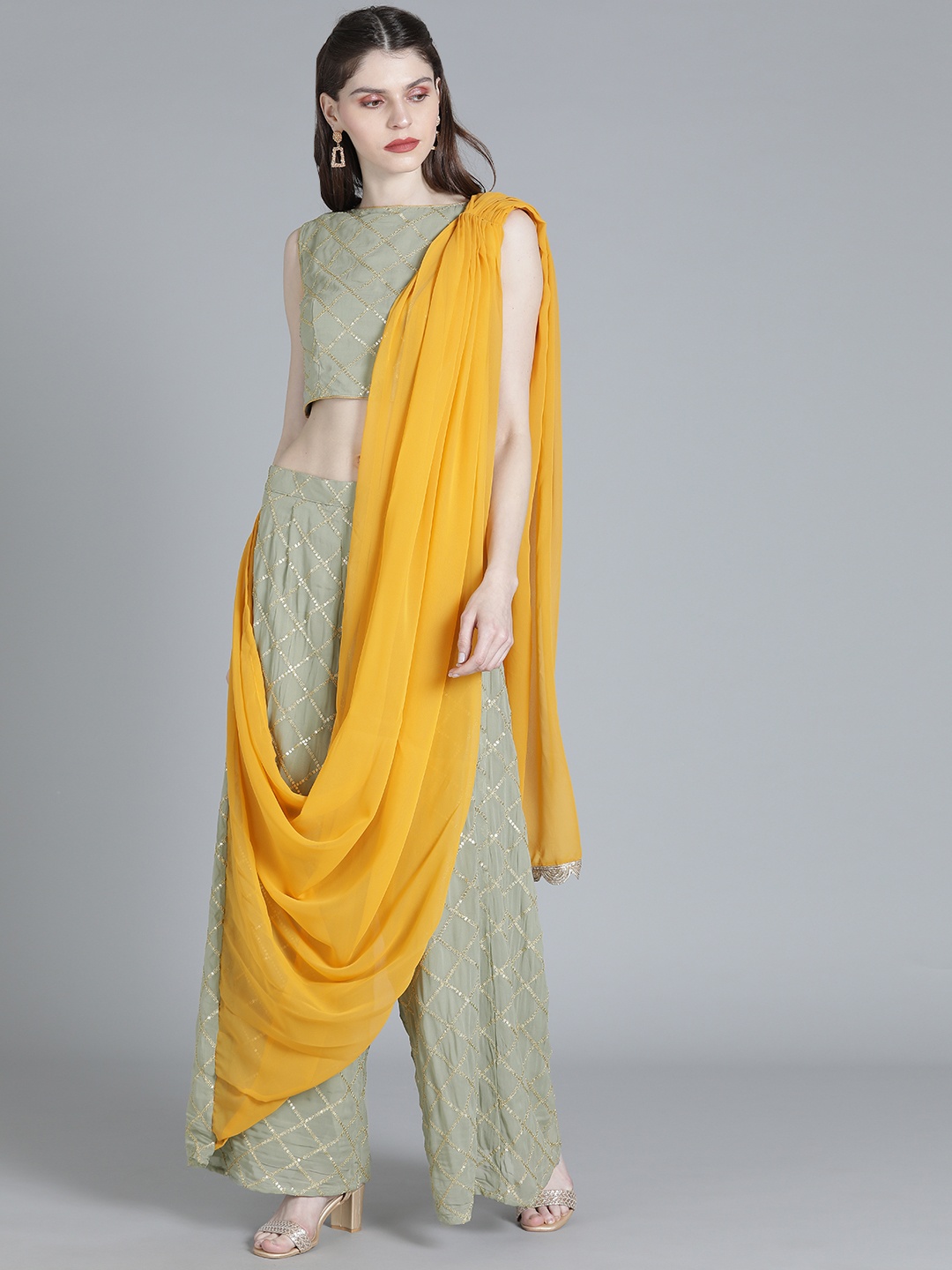 

Ethnovog Poly Georgette Embellished Fusion Saree With Stitched Blouse, Yellow