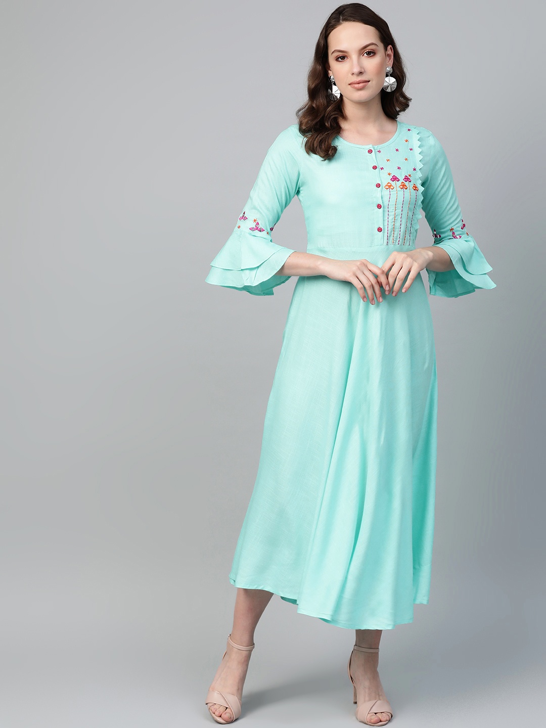 

YASH GALLERY Women Blue Embroidered Detail A-Line Dress