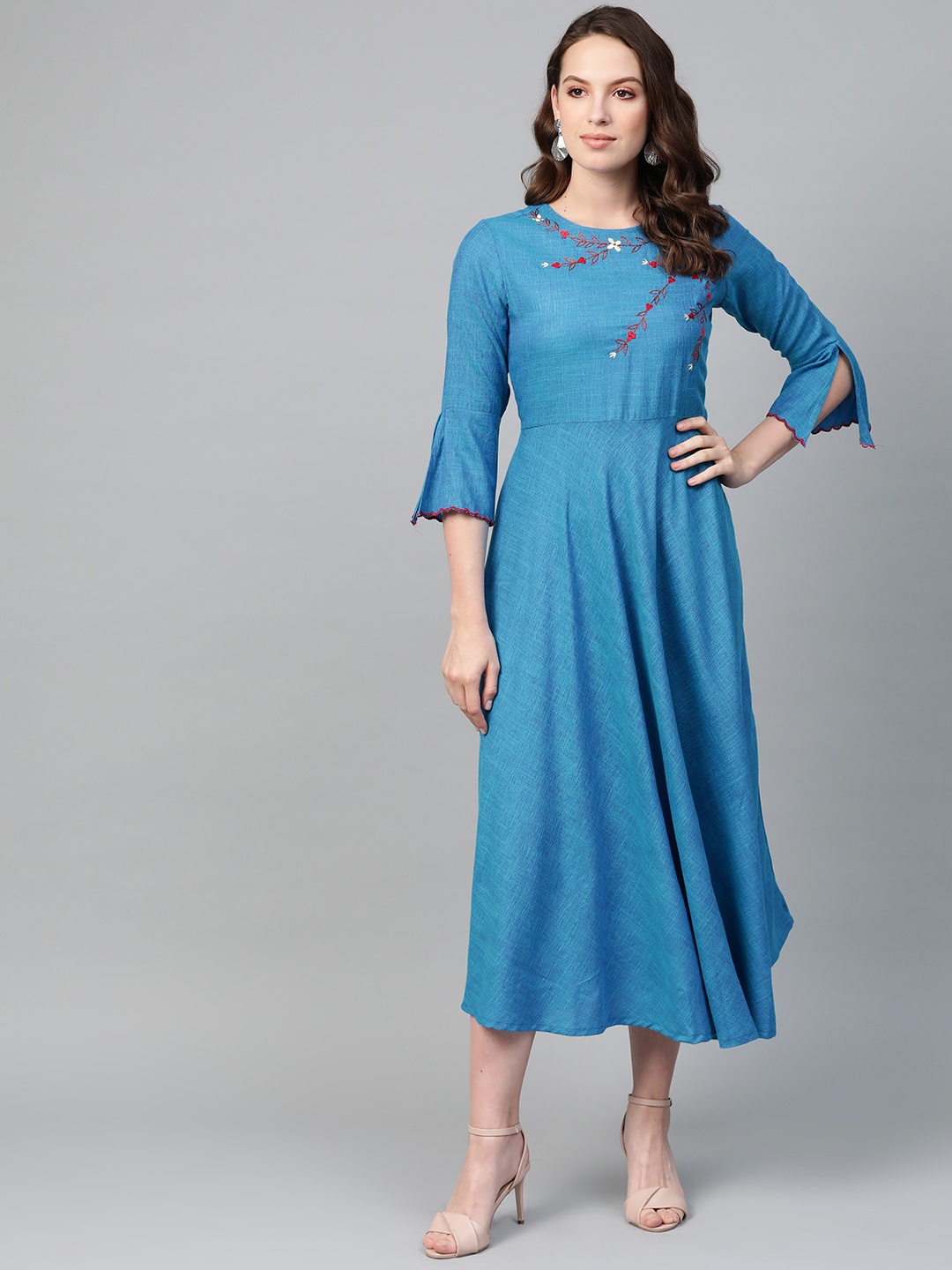 

YASH GALLERY Women Blue Floral Embroidered Detail A-Line Dress
