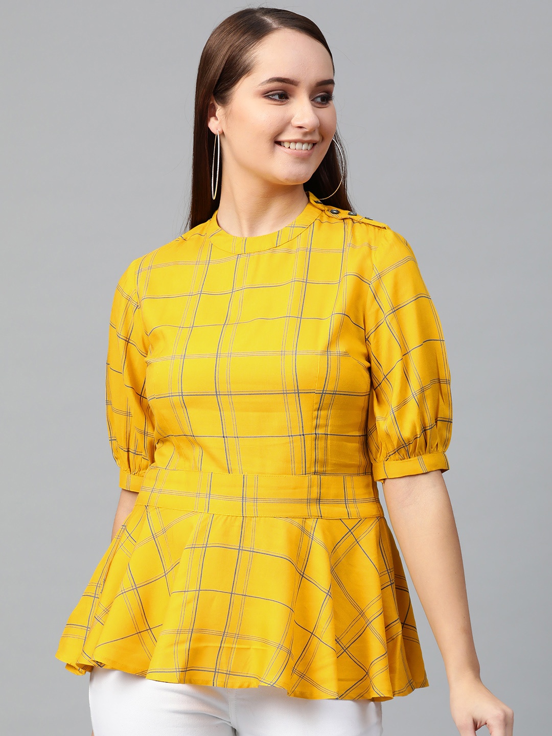 

YASH GALLERY Women Mustard Yellow & Blue Checked A-Line Top
