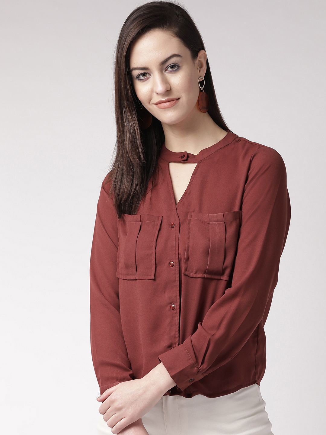 

SQew Women Maroon Solid Shirt Style Top