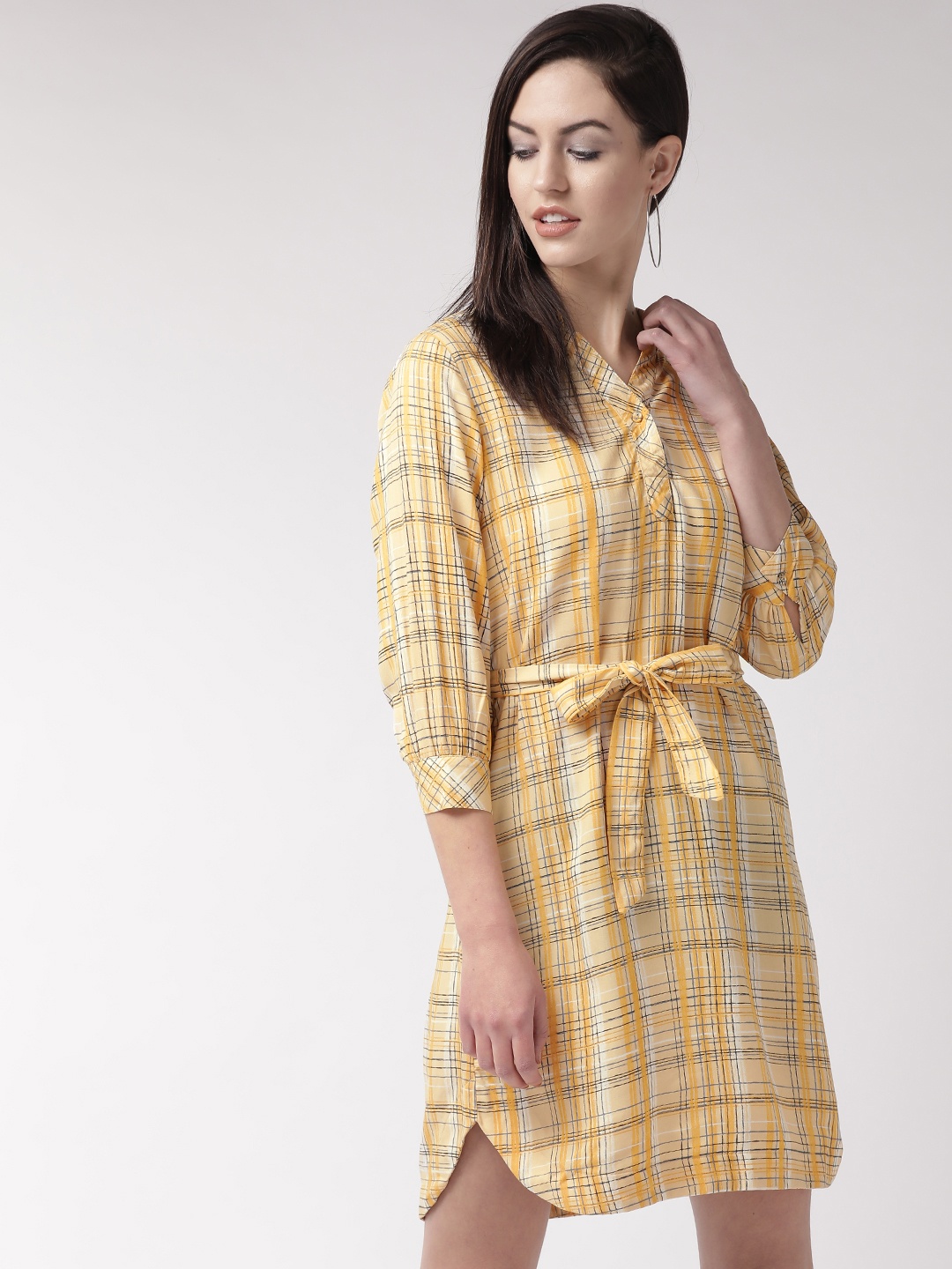 

SQew Women Yellow & Grey Checked A-Line Dress