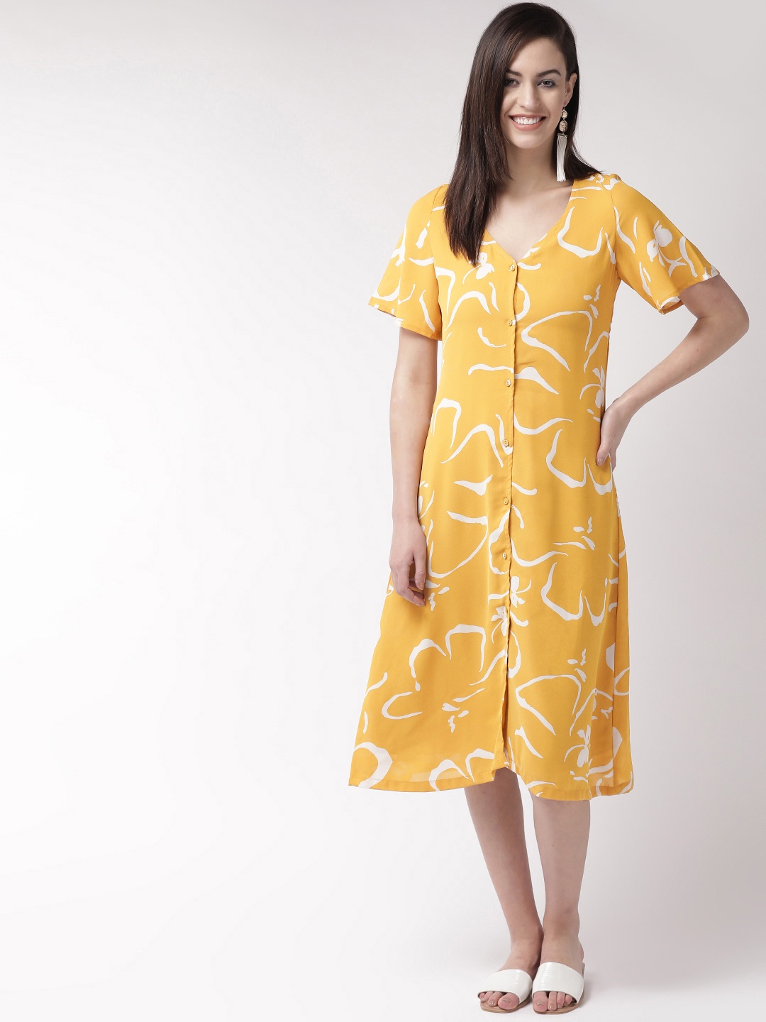 

SQew Women Mustard Yellow & White Printed A-Line Dress