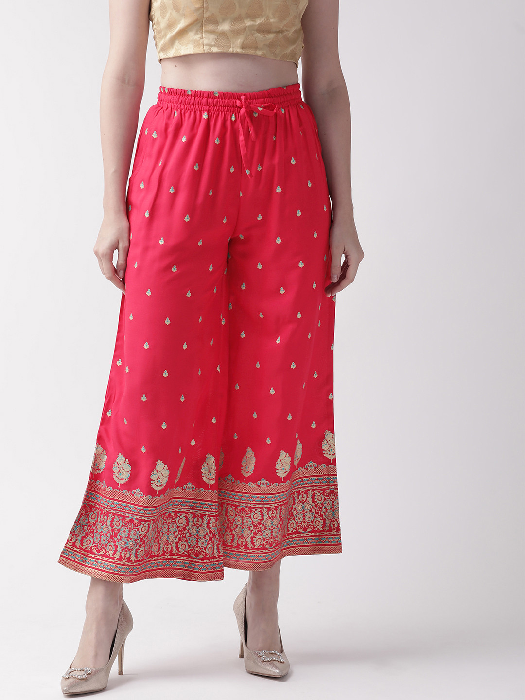 

RANGMAYEE Women Pink & Green Printed Wide Leg Palazzos