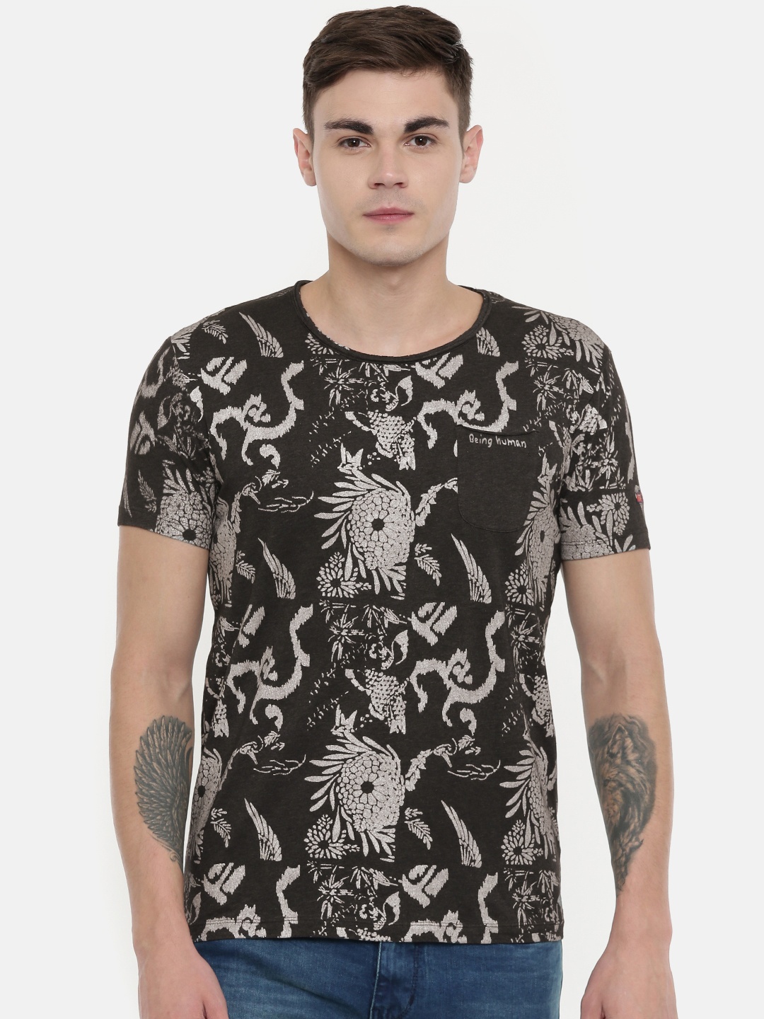 

Being Human Men Charcoal Grey & Silver-Coloured Printed Round Neck T-shirt