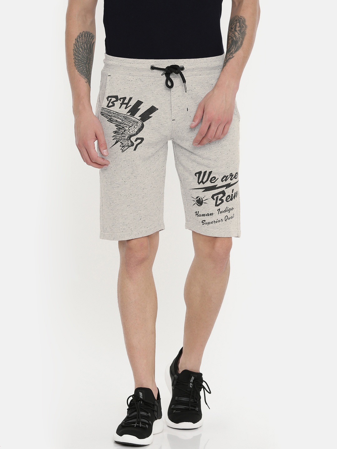 

Being Human Men Grey Melange & Black Printed Regular Fit Regular Shorts