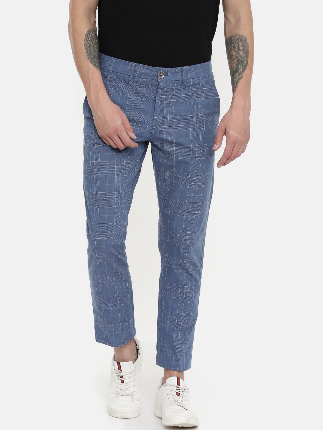 

Being Human Men Blue & White Slim Fit Checked Regular Trousers