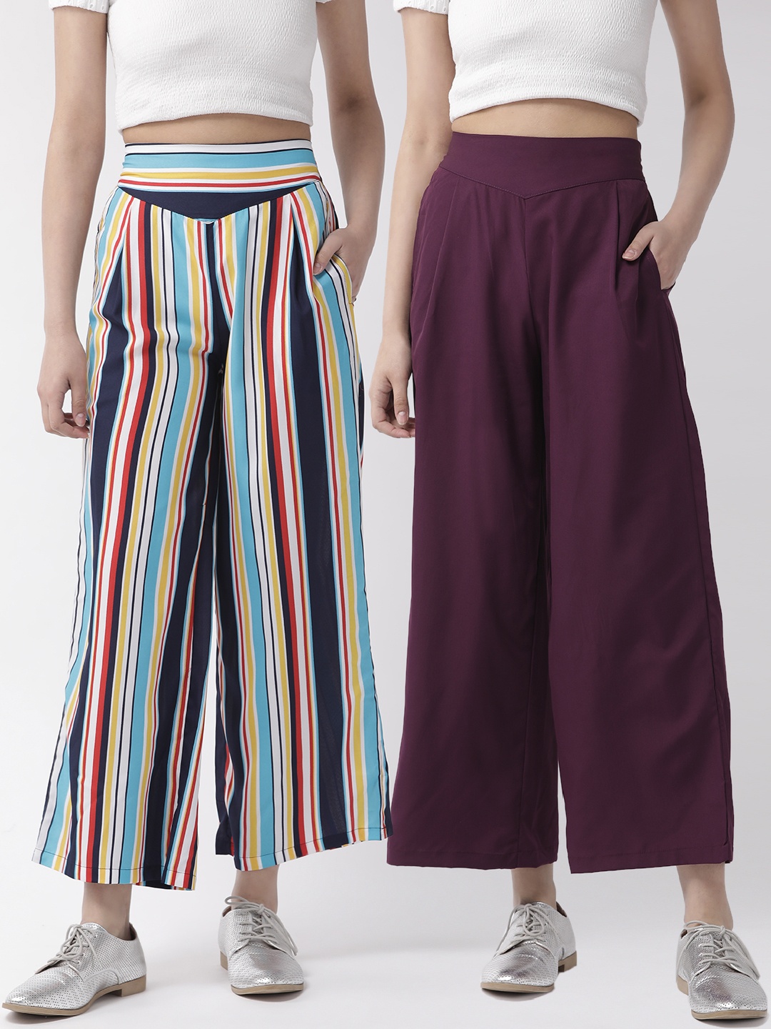 

U&F Women Pack of 2 Wide Leg Palazzos, Burgundy