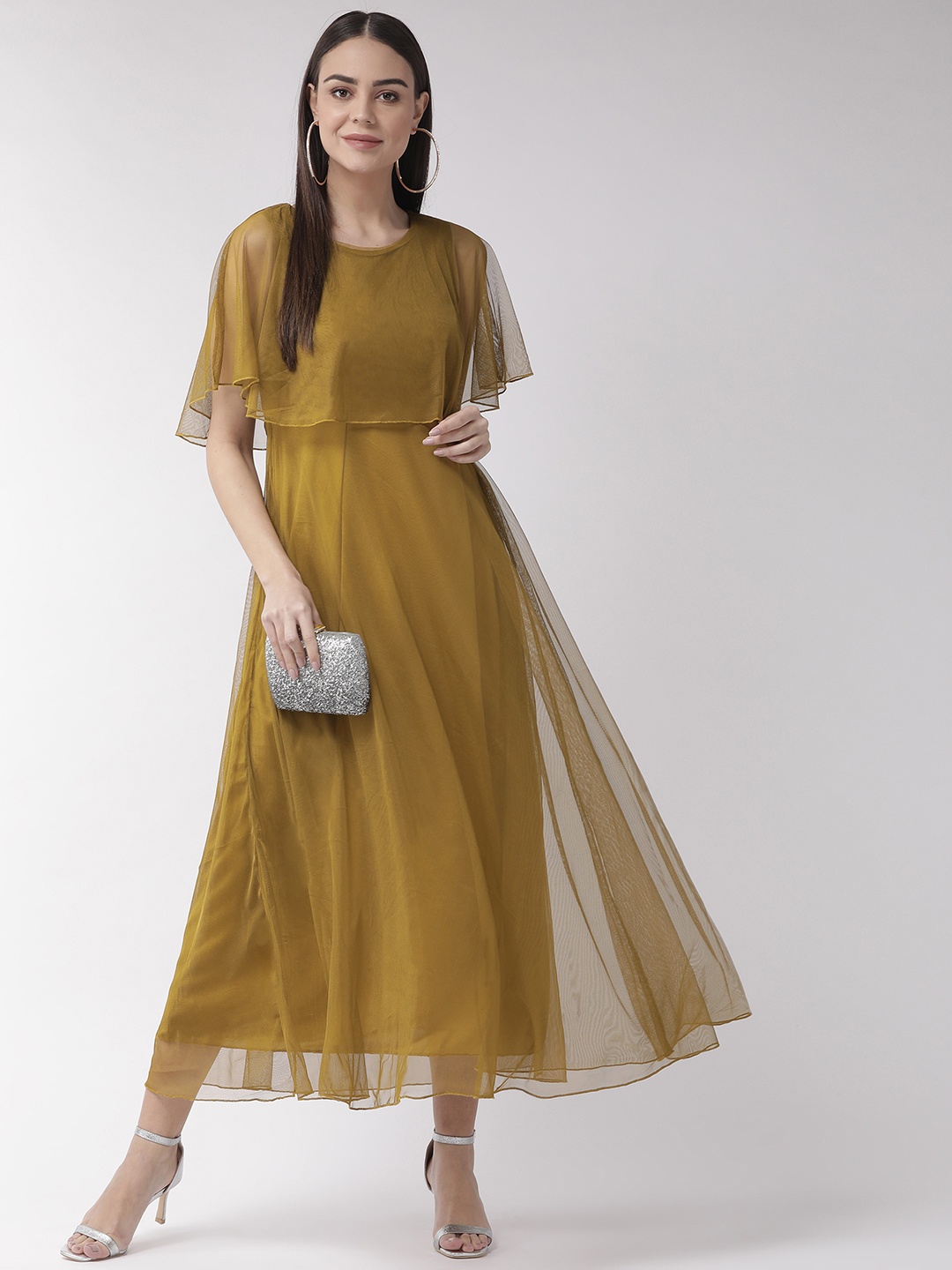 

U&F Women Olive Brown Net Solid Maxi Dress