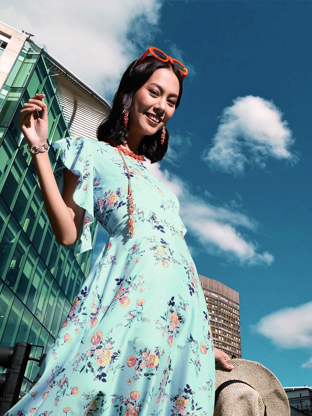 

U&F Blue & Pink Floral Printed Maxi Dress