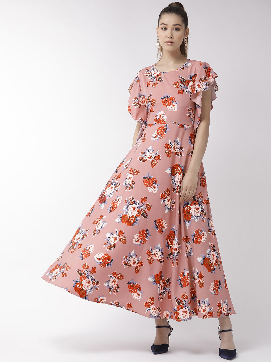 

U&F Women Pink & Off-White Floral Print Maxi Dress