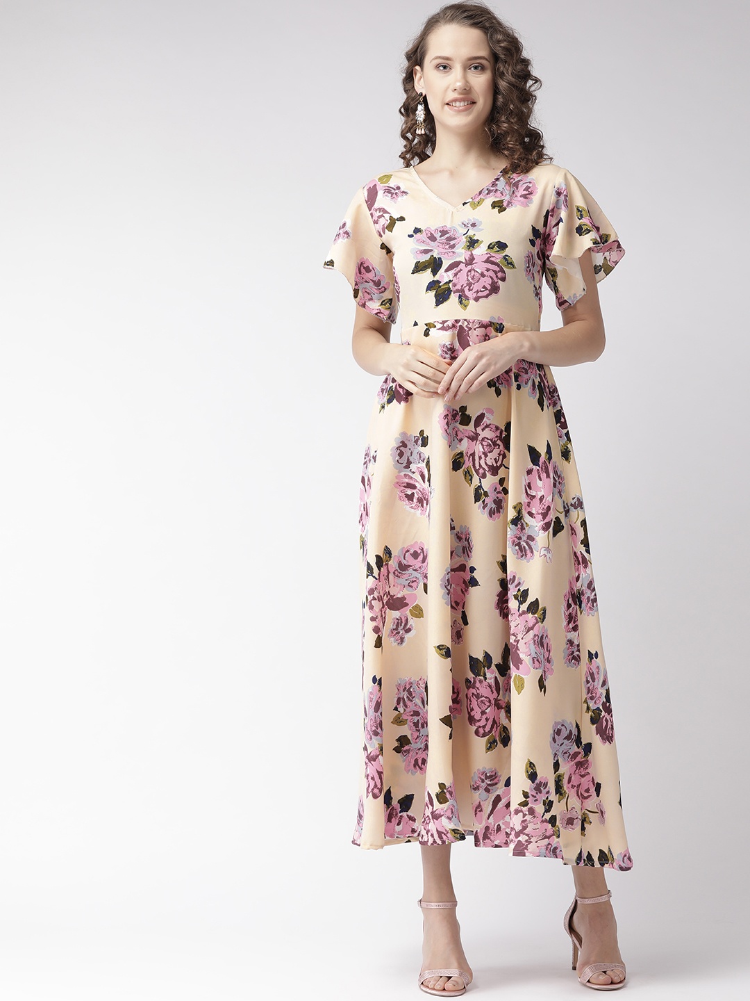 

U&F Women Cream-Coloured & Pink Floral Printed Maxi Dress