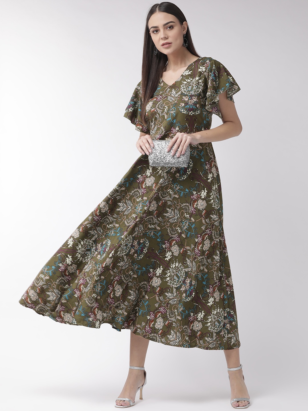 

U&F Women Olive Green & Off-White Printed Maxi Dress