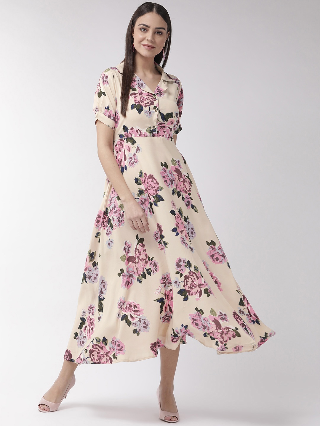 

U&F Women Cream-Coloured & Pink Floral Print Maxi Dress