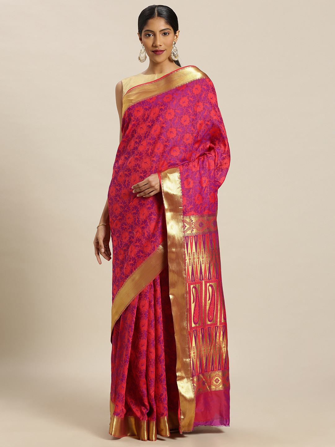 

Mitera Red & Violet Art Silk Woven Design Kanjeevaram Saree