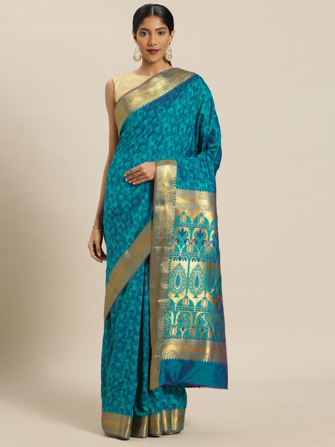 

Mitera Teal Blue Art Silk Woven Design Kanjeevaram Saree